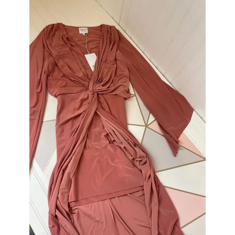 NWT MISA Los Angeles Teget Knot Front Midi Dress Pink Twisted Cocktail Size XS